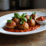 Finished 4c bread crumbs meatballs served with marinara sauce and basil.
