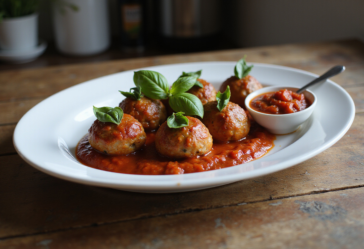 Finished 4c bread crumbs meatballs served with marinara sauce and basil.