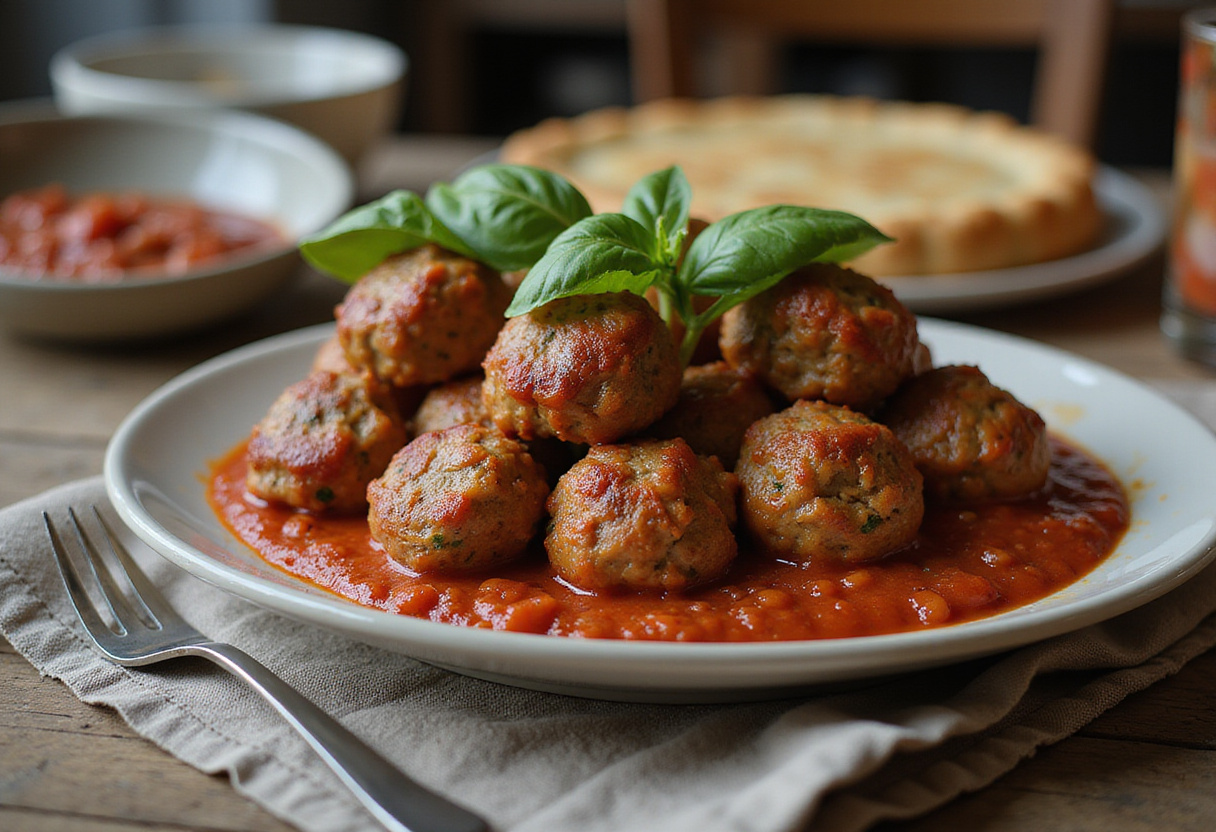 Finished 4c bread crumbs meatballs served with marinara sauce and basil.