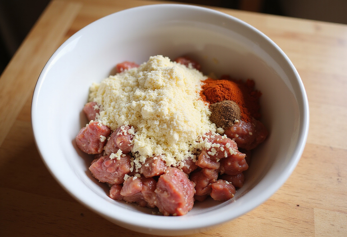 Ingredients for 4c bread crumbs meatball recipe in a large bowl.