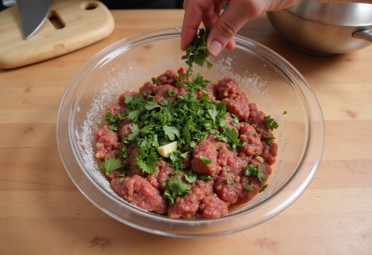Adding garlic and parsley to meatball mixture for 4c bread crumbs meatballs.