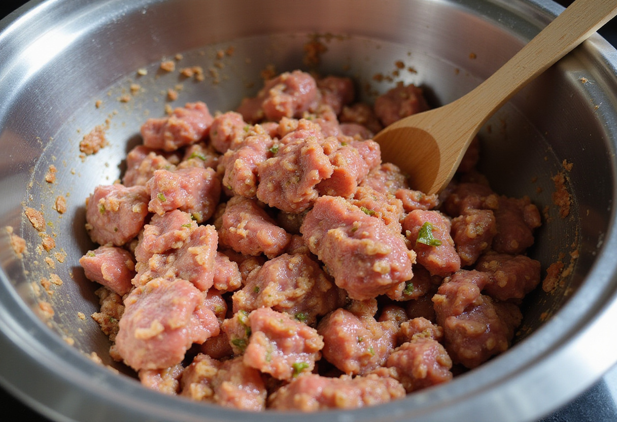 Mixing ingredients for 4c bread crumbs meatball recipe in a bowl.