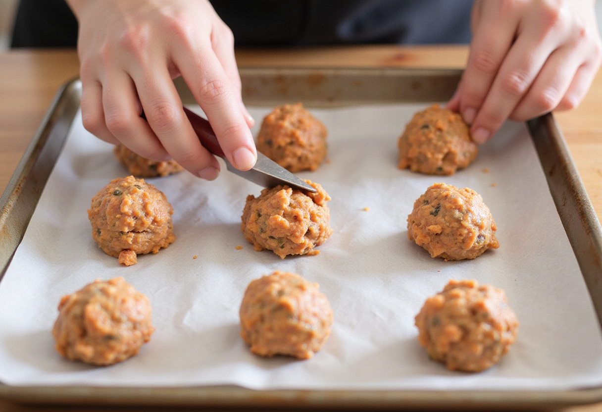 Forming meatballs from 4c bread crumbs meatball mixture.