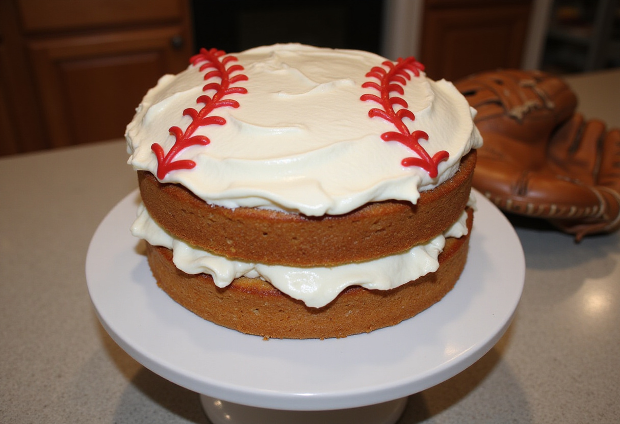 Finished baseball cake with buttercream frosting and baseball stitching design.