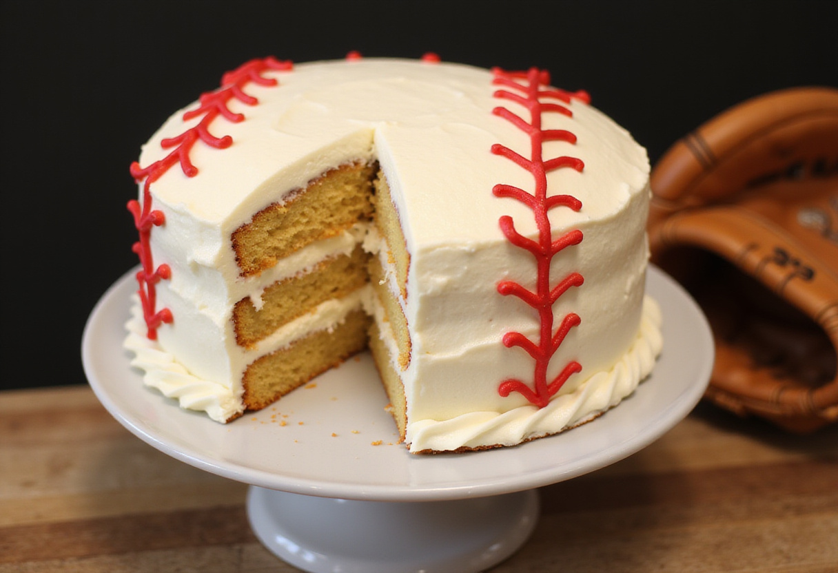 Finished baseball cake with buttercream frosting and baseball stitching design.