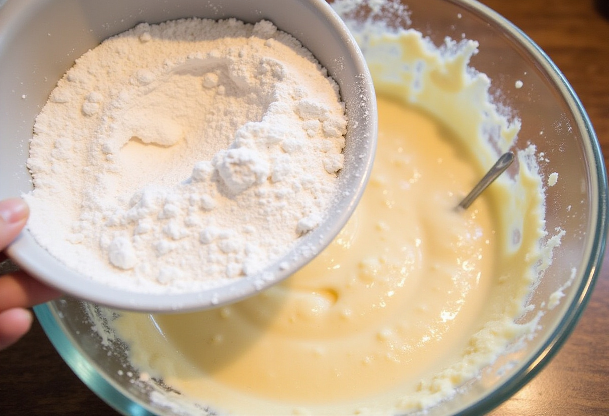 Sifting dry ingredients for A New Take on Classic Baseball Cake recipe.