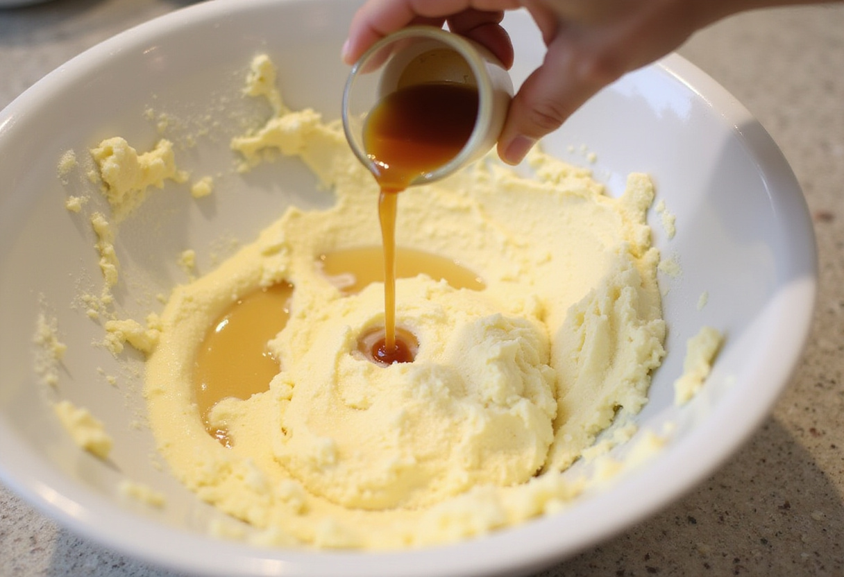 Adding vanilla and milk to cake batter for baseball cake.