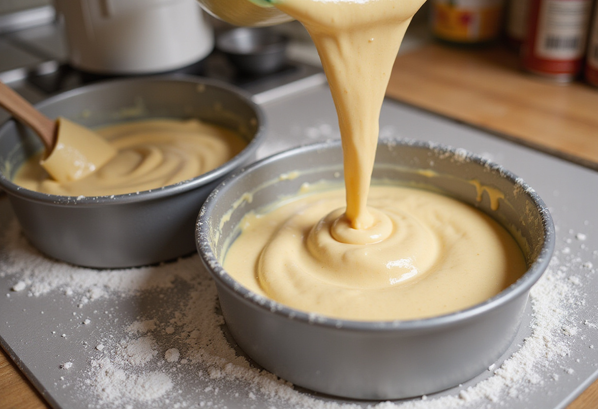 Pouring cake batter into cake pans for baseball cake.