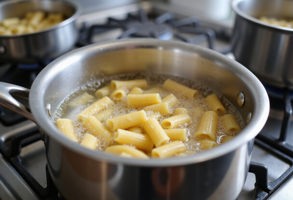 Water boiling in a pot, preparing to cook macaroni for a Cracker Barrel Macaroni and Cheese Recipe.