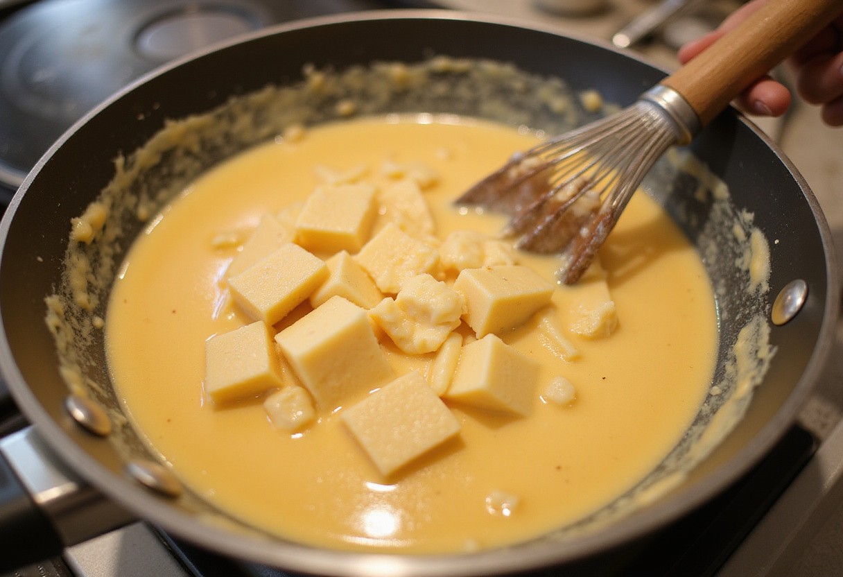 Creamy cheese sauce being prepared for A New Take on Classic Cracker Barrel Macaroni and Cheese Recipe.