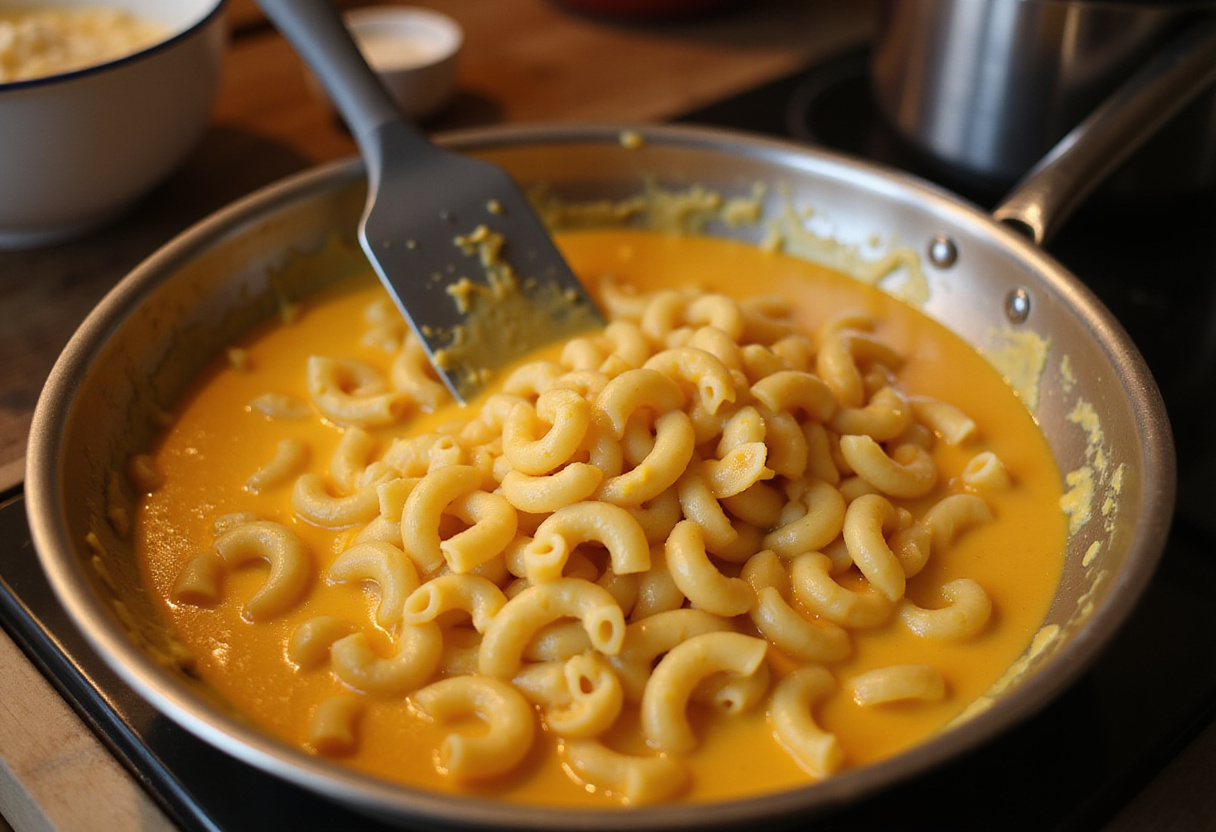 Macaroni being mixed into cheese sauce for homemade Cracker Barrel Macaroni and Cheese.
