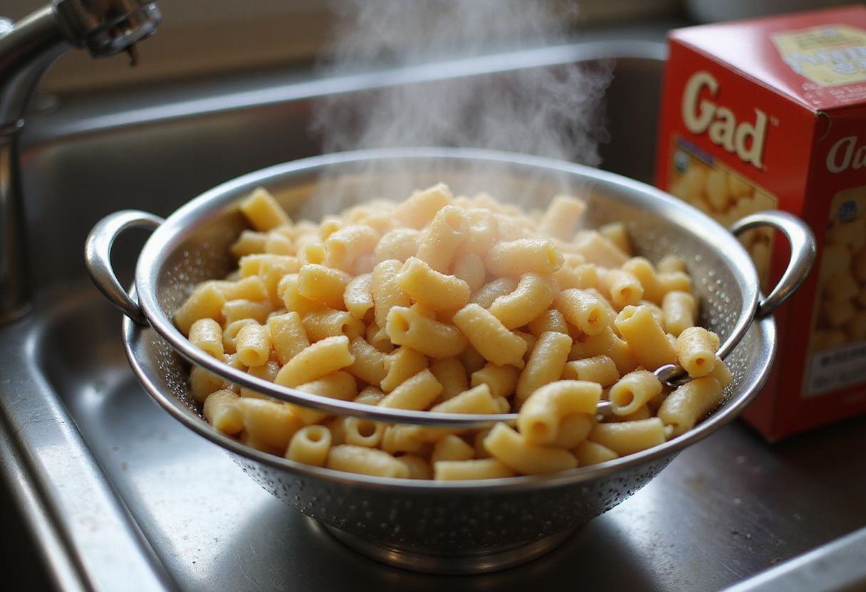 Draining cooked macaroni for homemade mac and cheese recipe.