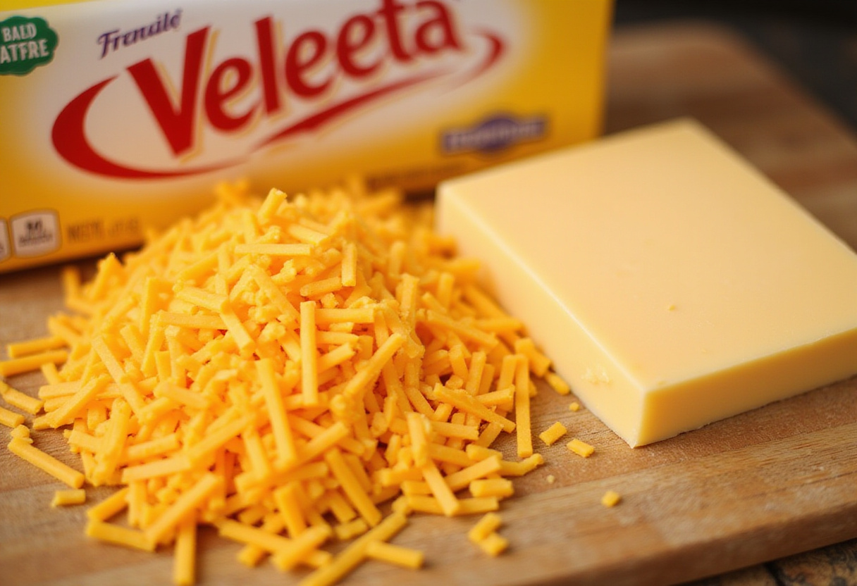 Cheddar and Velveeta cheese for classic mac and cheese.