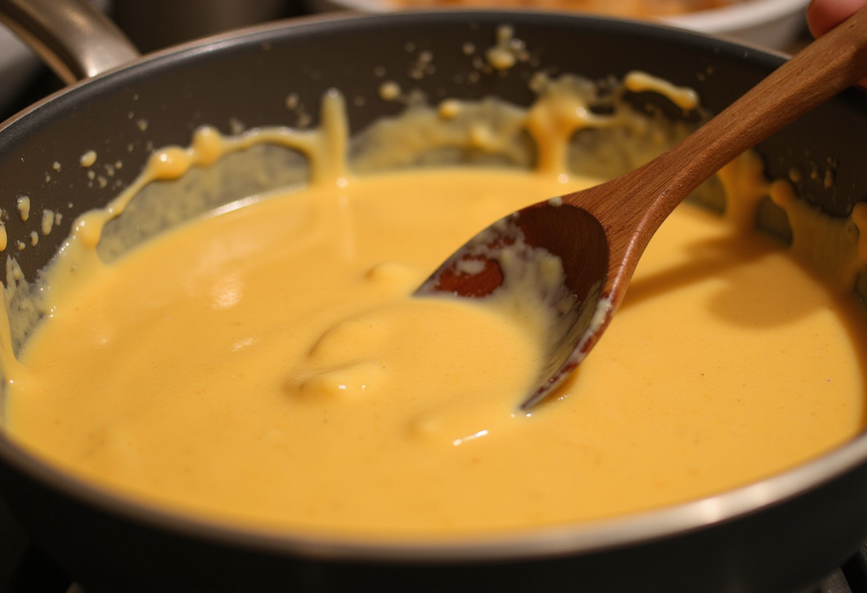 Cheese sauce being stirred for authentic Cracker Barrel Macaroni and Cheese.