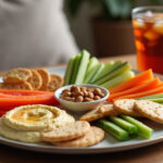 Delicious and healthy snack platter with vegetables, hummus, crackers, and nuts, perfect for any time.