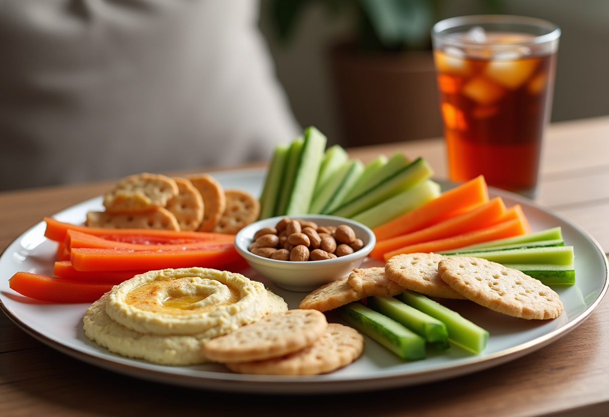 Delicious and healthy snack platter with vegetables, hummus, crackers, and nuts, perfect for any time.