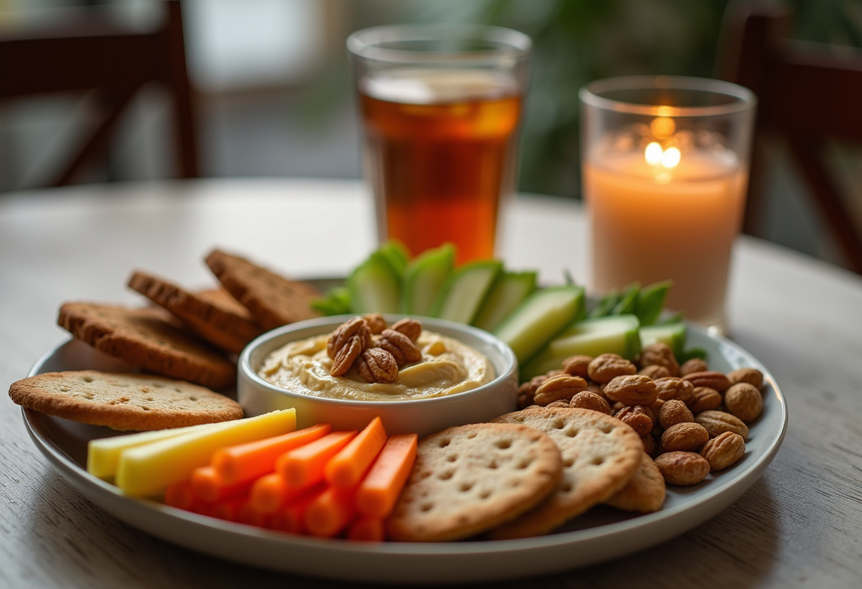 Delicious and healthy snack platter with vegetables, hummus, crackers, and nuts, perfect for any time.