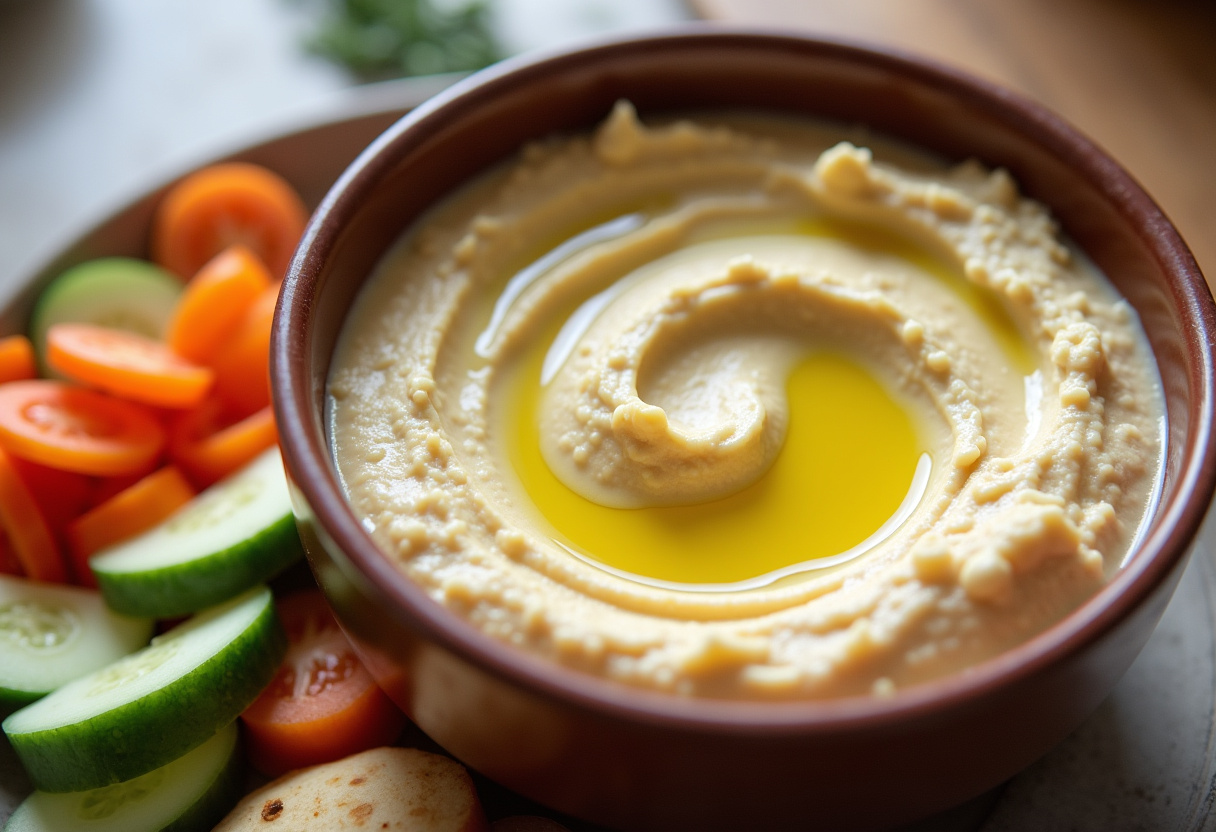 Creamy hummus served with vegetable sticks for a satisfying snack.