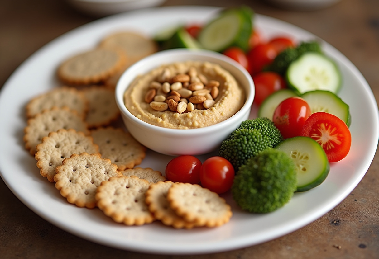 Whole-grain crackers and mixed nuts paired with vegetables and hummus for a tasty snack.