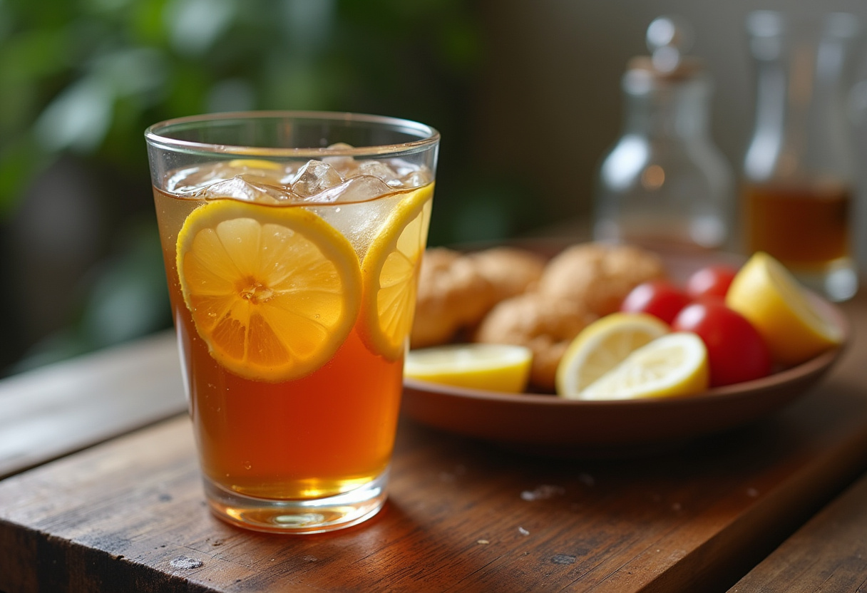 Refreshing iced herbal tea served with a healthy snack platter.