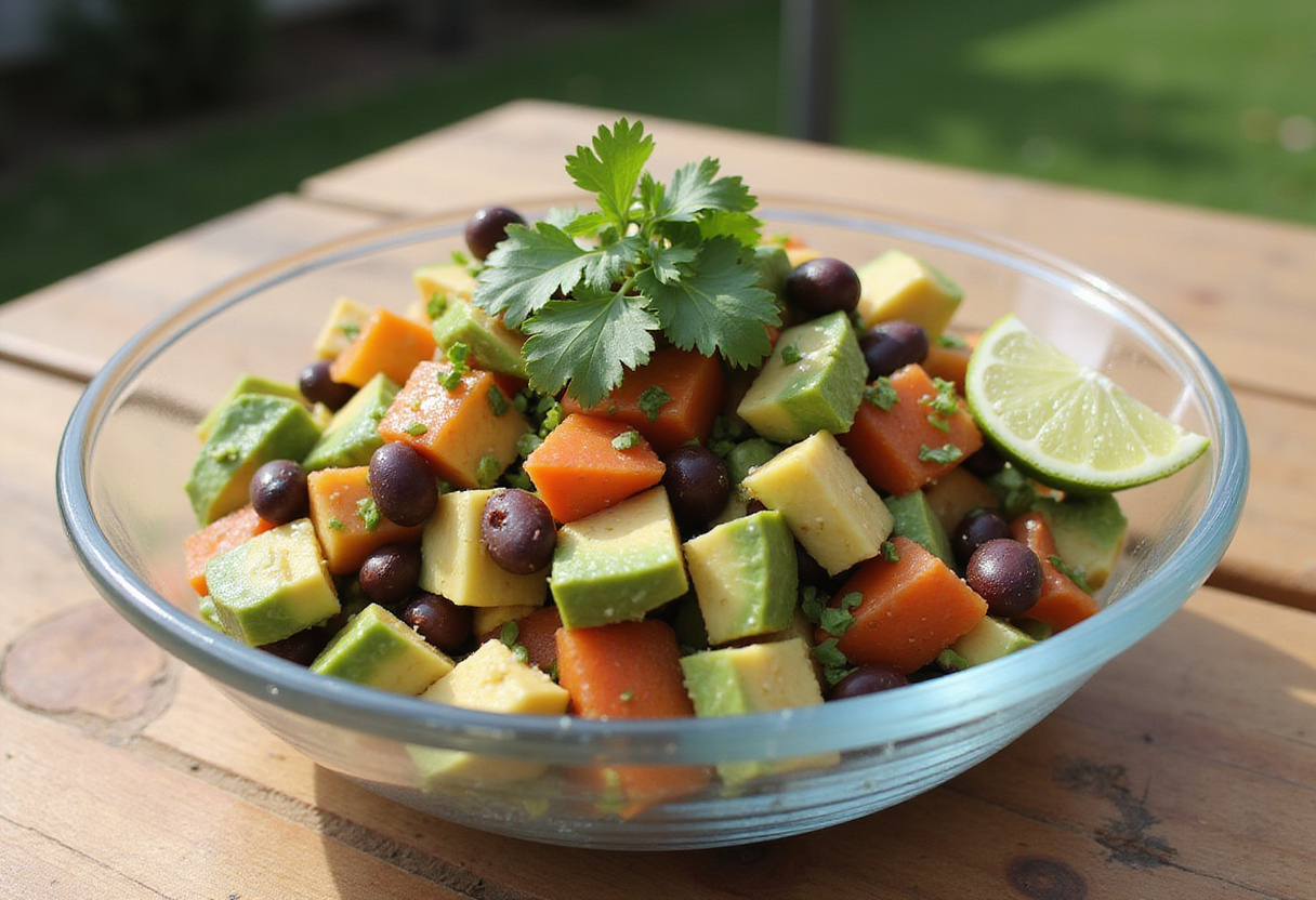 Fresh Avocado and Black Bean Southwest Salad with lime and cilantro garnish.