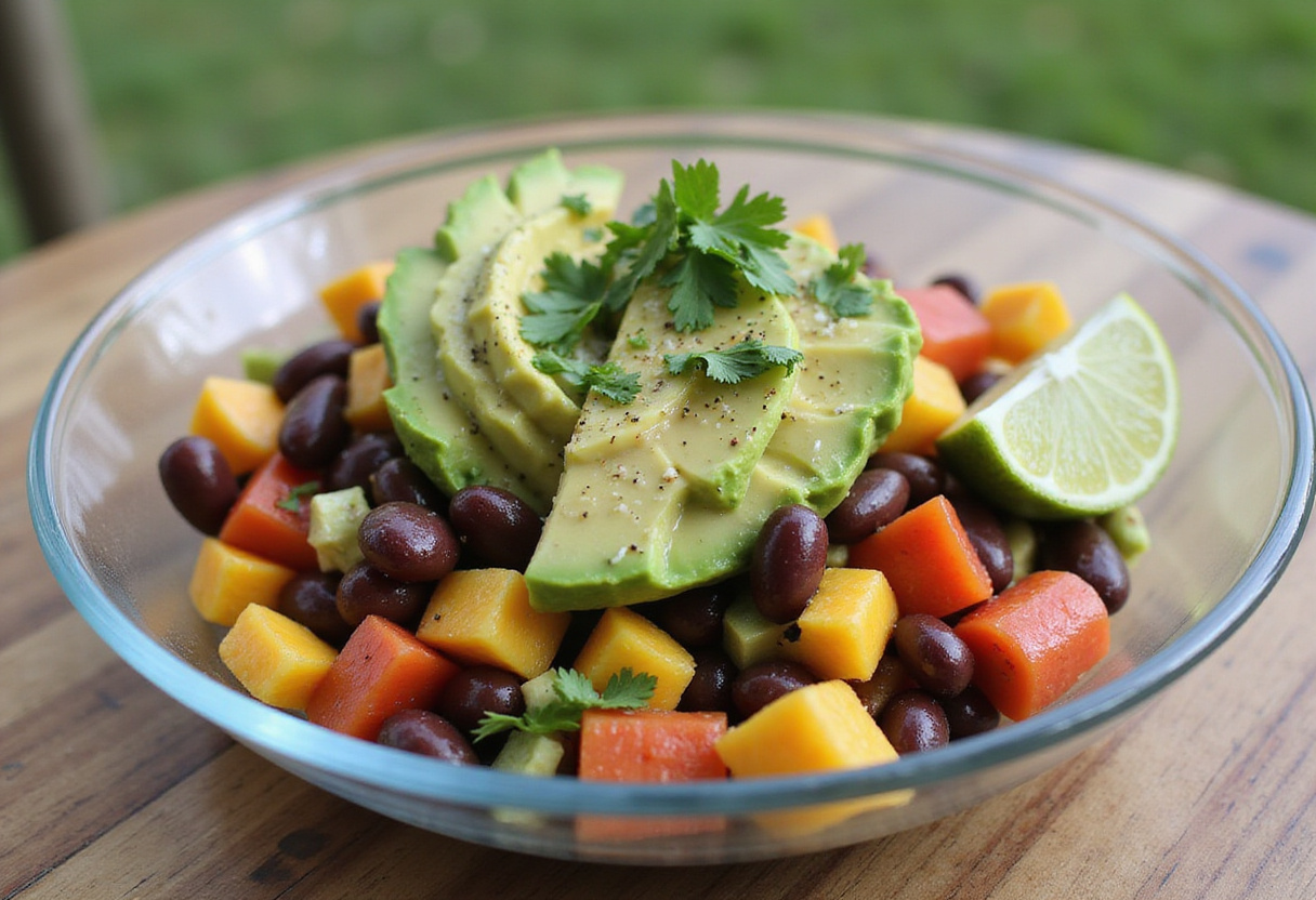 Fresh Avocado and Black Bean Southwest Salad with lime and cilantro garnish.