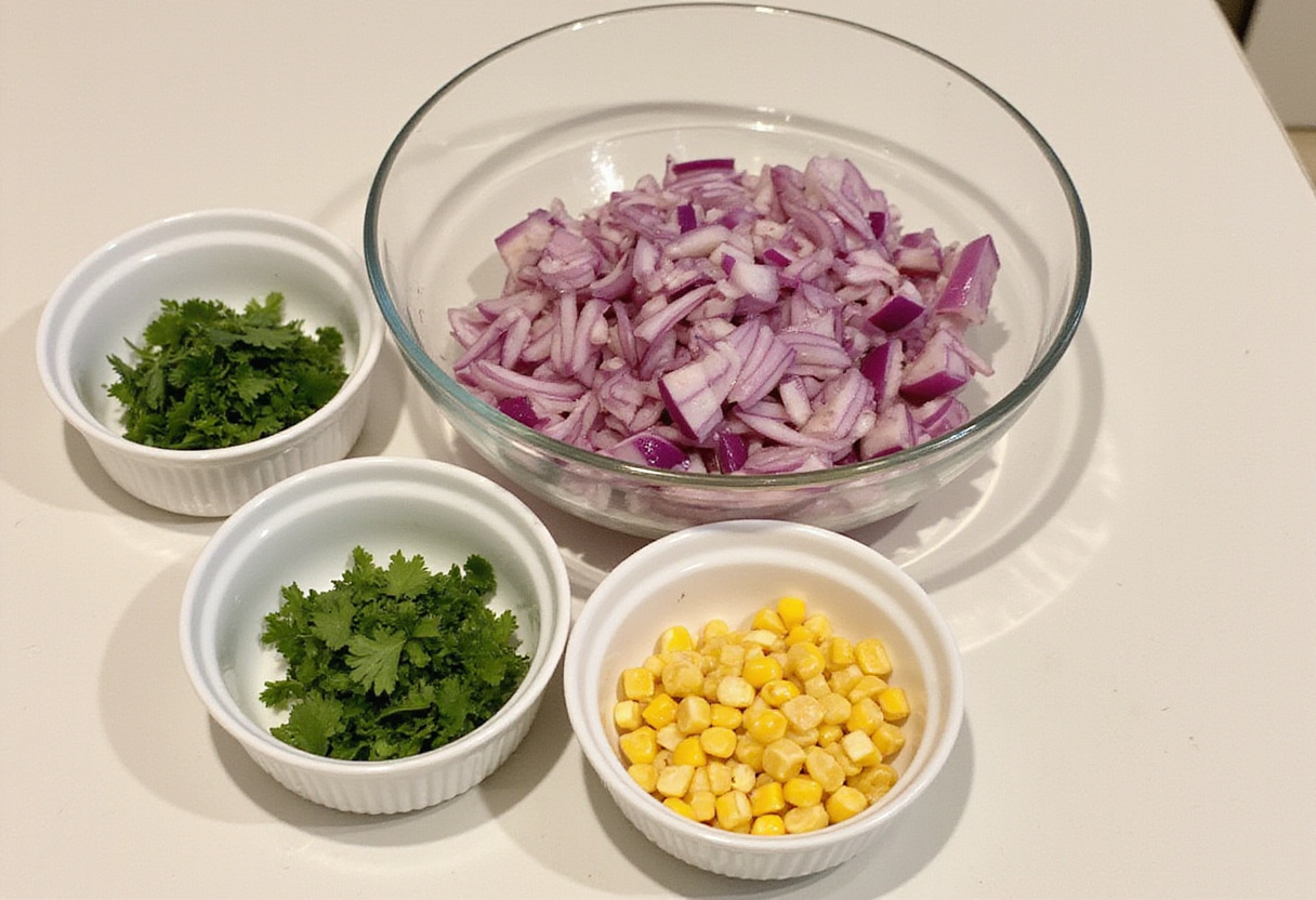 Preparing red onion, corn, and cilantro for Avocado and Black Bean Southwest Salad.