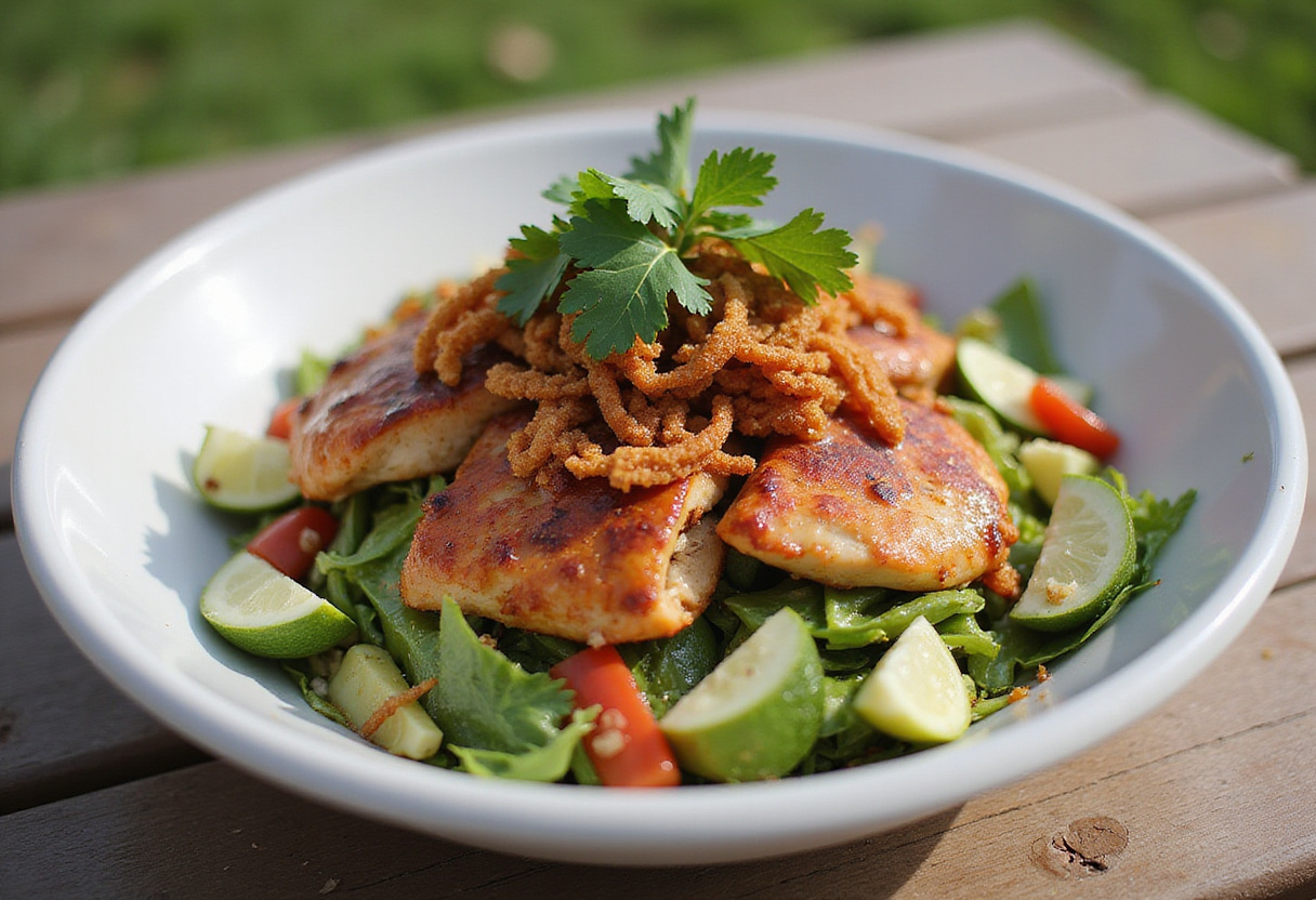 Delicious BBQ Chicken Ranch Salad garnished with cilantro and fried onions.