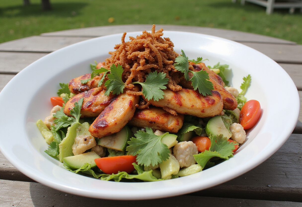 Delicious BBQ Chicken Ranch Salad garnished with cilantro and fried onions.