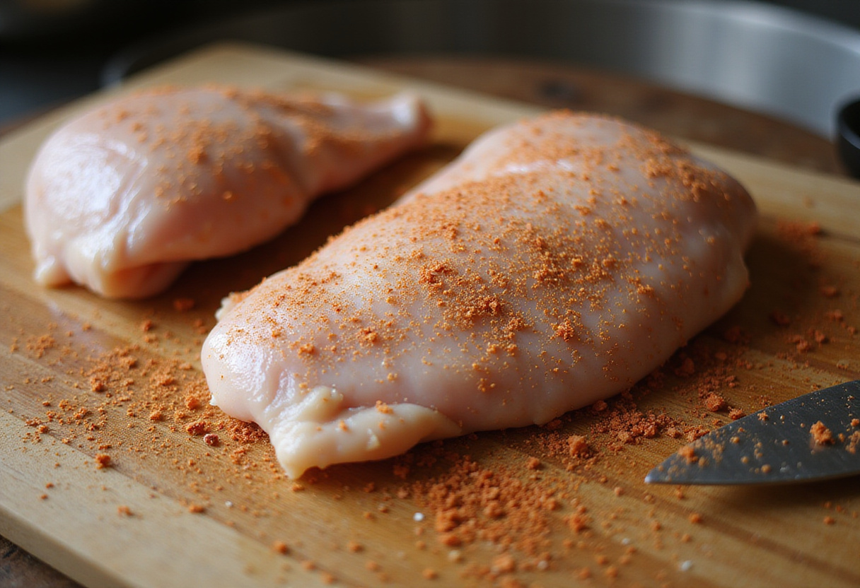 Chicken breast seasoned with BBQ rub ready for BBQ Chicken Ranch Salad.