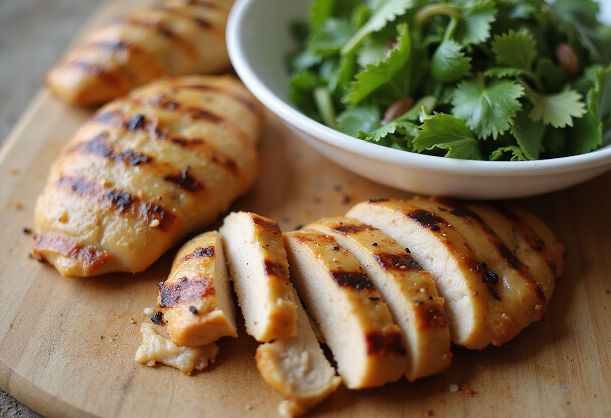 Grilled and sliced chicken for BBQ Chicken Ranch Salad.