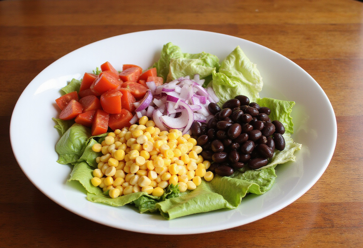 Fresh ingredients for BBQ Chicken Ranch Salad in a salad bowl.