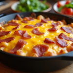 Finished Bacon Cheeseburger Noodle Bake with melted cheese, ready to serve.
