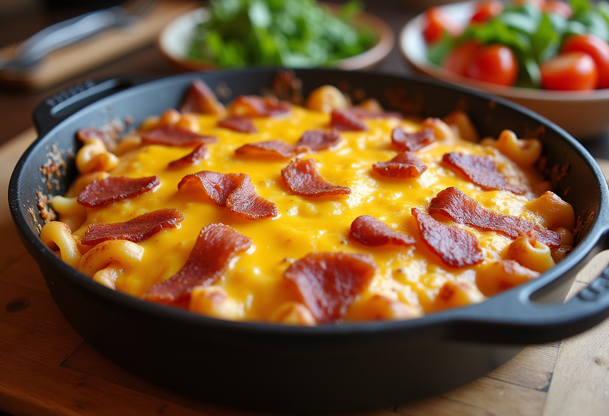 Finished Bacon Cheeseburger Noodle Bake with melted cheese, ready to serve.