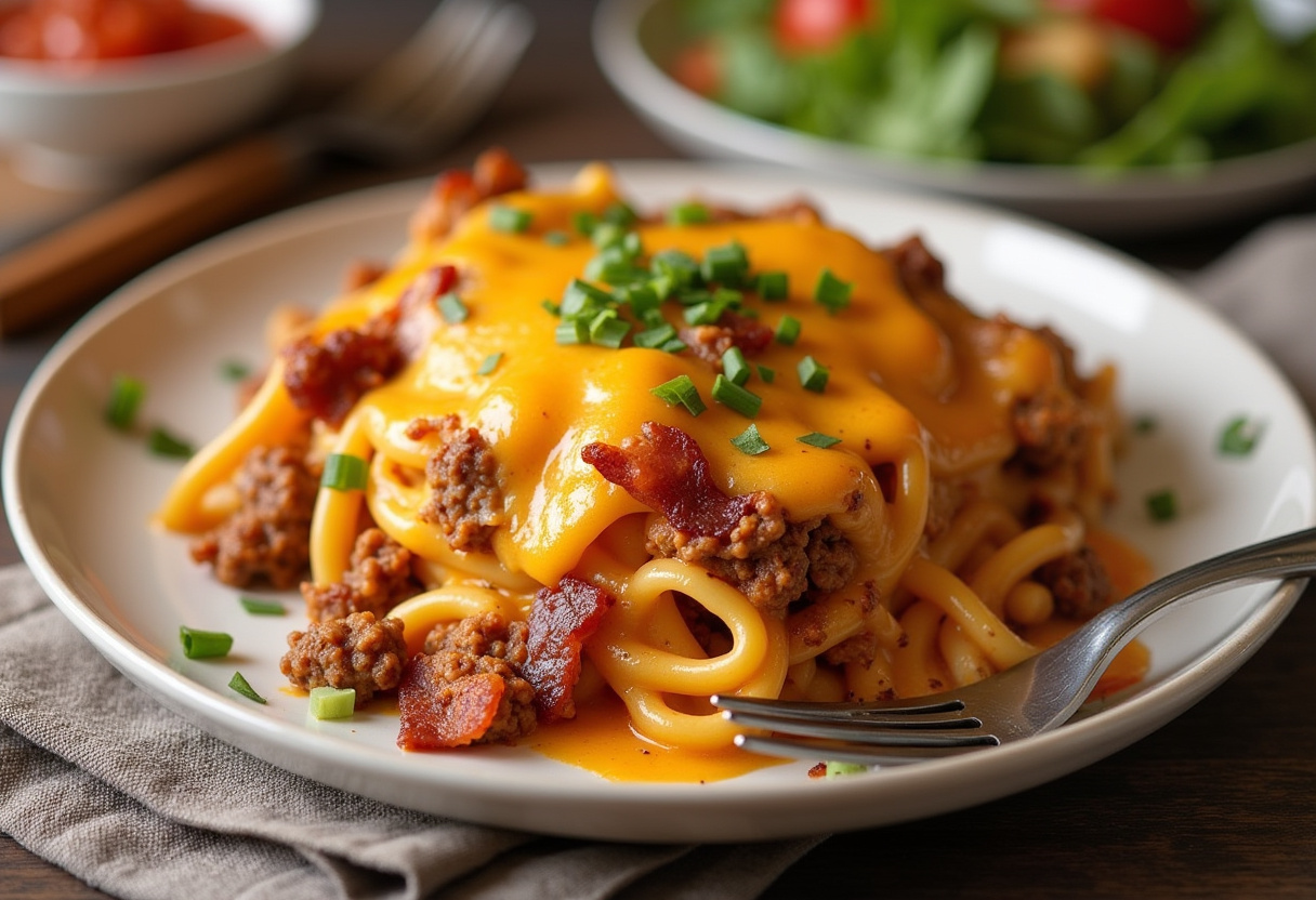 Finished Bacon Cheeseburger Noodle Bake with melted cheese, ready to serve.