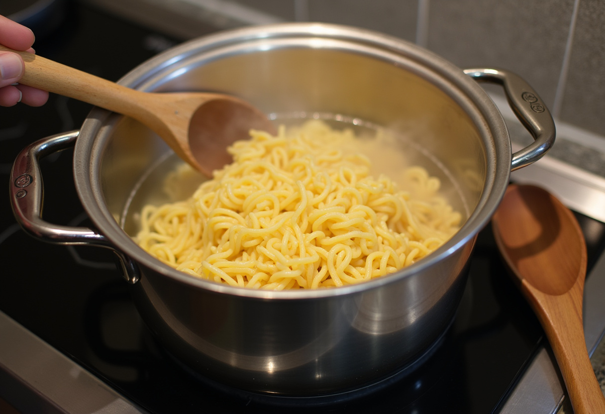 Boiling water in a pot ready for egg noodles in Bacon Cheeseburger Noodle Bake.