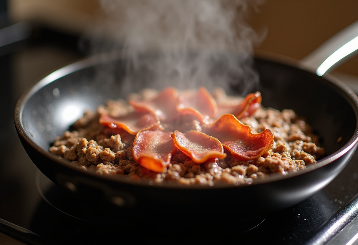 Bacon and ground beef cooking in a skillet for Bacon Cheeseburger Noodle Bake.