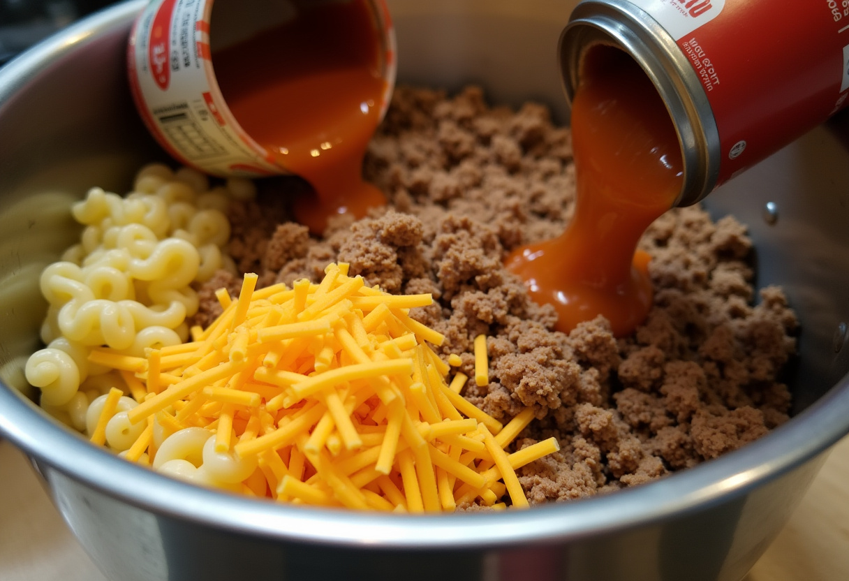 Combining noodles, meat, cheese, and tomato sauce for Bacon Cheeseburger Noodle Bake.