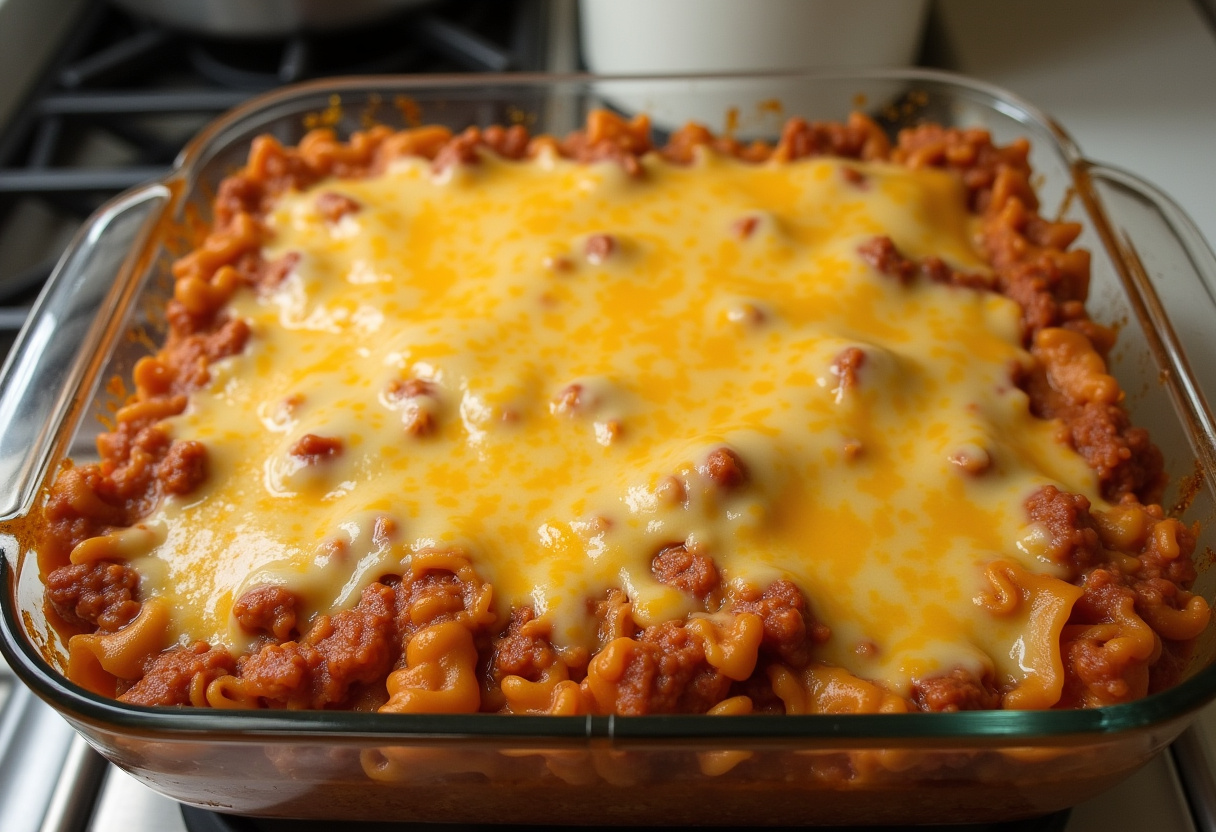 Baking dish with Bacon Cheeseburger Noodle Bake mixture topped with cheese.