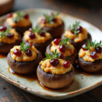 Finished Balsamic-Glazed Cranberry & Goat Cheese Stuffed Mushrooms with spinach, ready to serve.