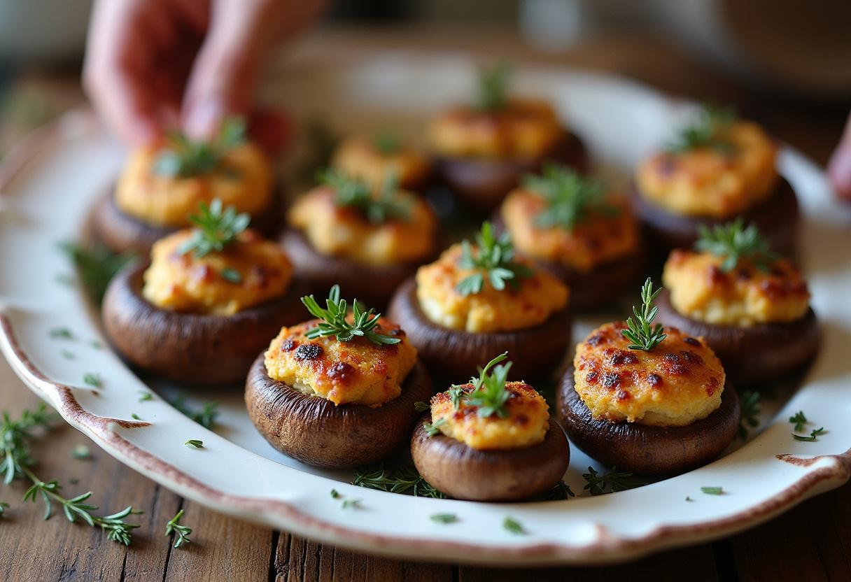 Finished Balsamic-Glazed Cranberry & Goat Cheese Stuffed Mushrooms with spinach, ready to serve.