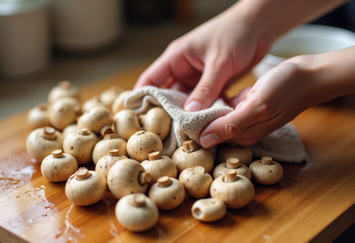 Fresh cremini mushrooms being cleaned for Balsamic-Glazed Cranberry & Goat Cheese Stuffed Mushrooms.