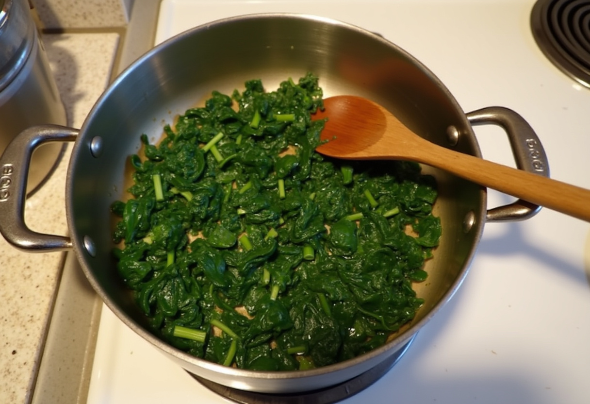 Sautéed spinach and garlic mixture prepared for stuffing mushrooms.