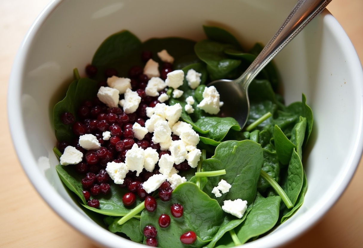 Goat cheese, cranberries, and spinach mixture being combined for stuffing.