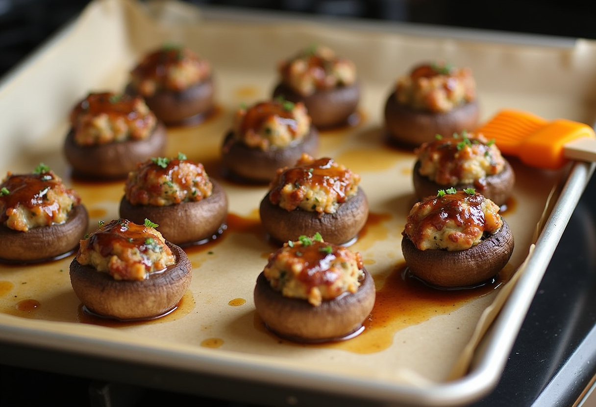 Stuffed mushrooms drizzled with balsamic glaze before baking.