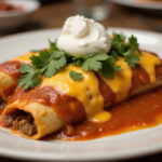 Delicious Beef Enchiladas with Red Sauce garnished with cilantro and sour cream.