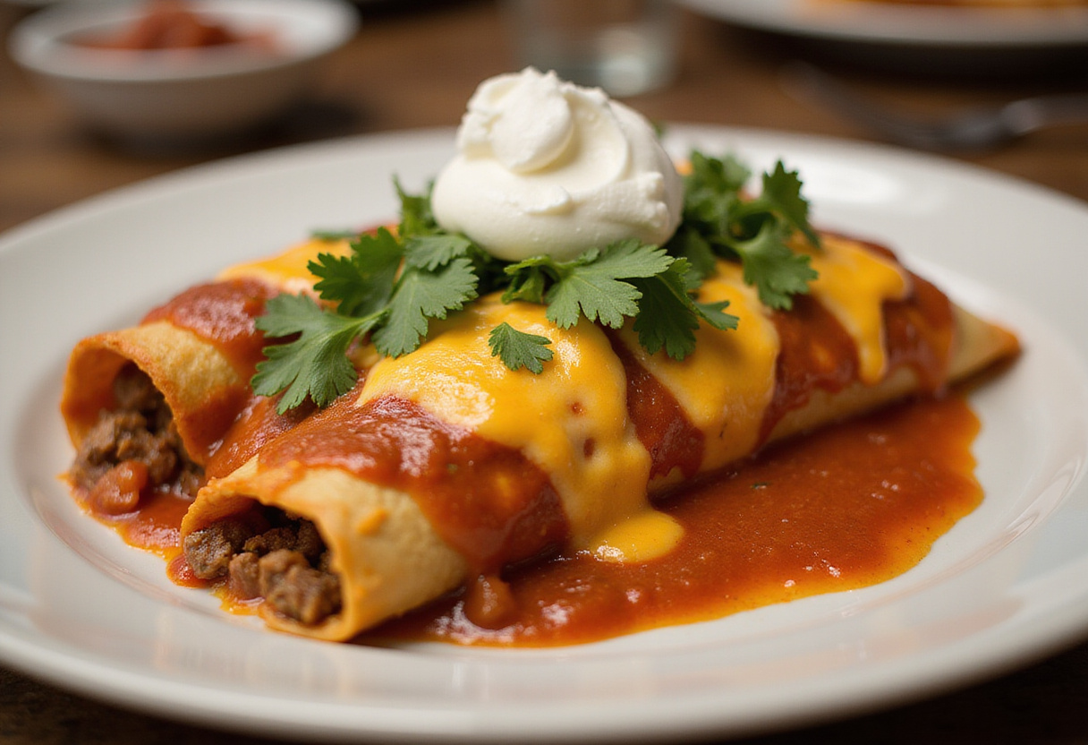 Delicious Beef Enchiladas with Red Sauce garnished with cilantro and sour cream.
