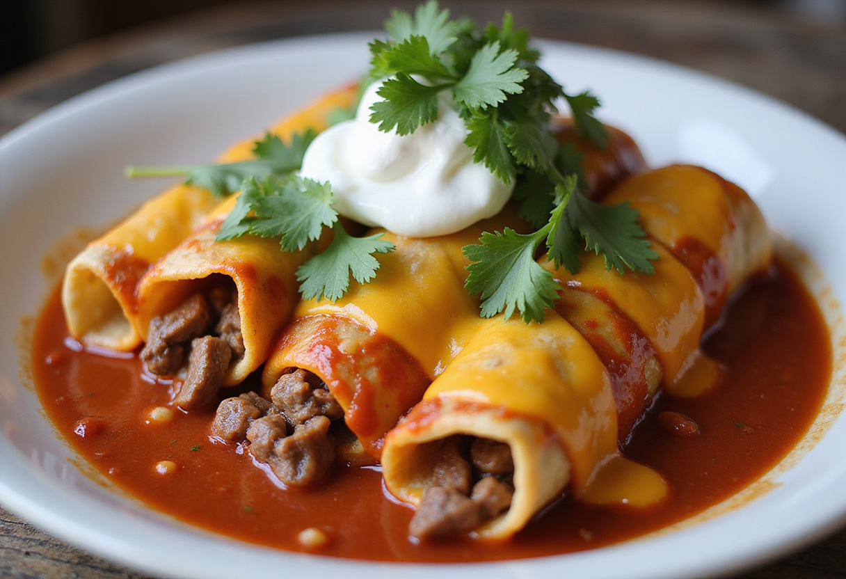 Delicious Beef Enchiladas with Red Sauce garnished with cilantro and sour cream.