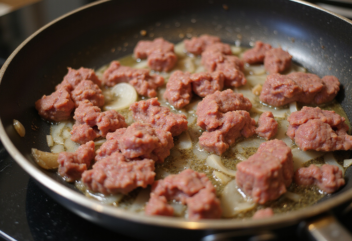 Ground beef and onions browning in a skillet for Beef Enchiladas.