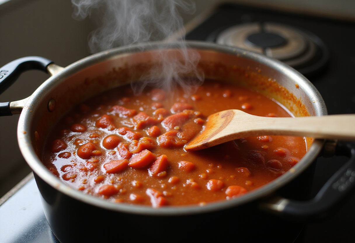 Homemade red sauce simmering for delicious Beef Enchiladas.